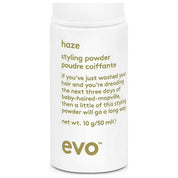Evo haze styling powder container with text on a white background