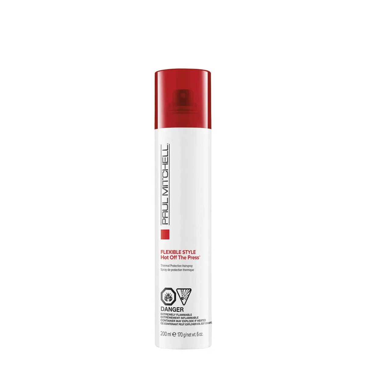 Hair product bottle with red cap and white label on a white background