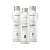 Three Goldwell Light Dimension SilkLift hair care bottles on a white background