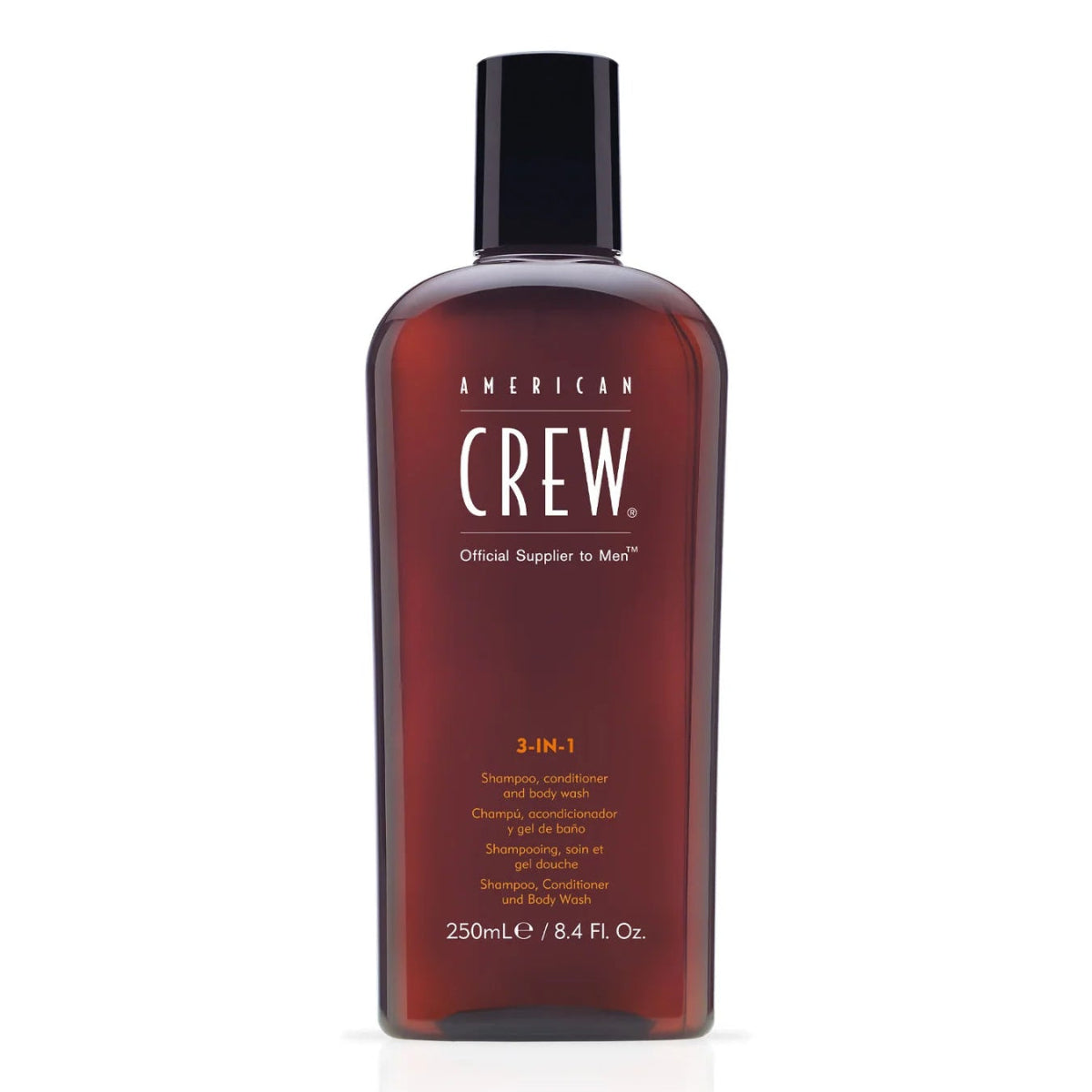 American Crew 3-in-1 shampoo, conditioner, and body wash bottle on a white background