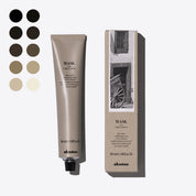 Davines hair mask tube and packaging with color swatches on a white background
