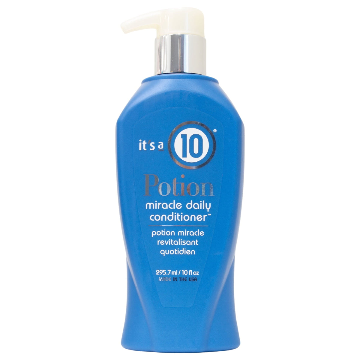 Blue bottle of 'it's a 10 Potion miracle daily conditioner' on a white background