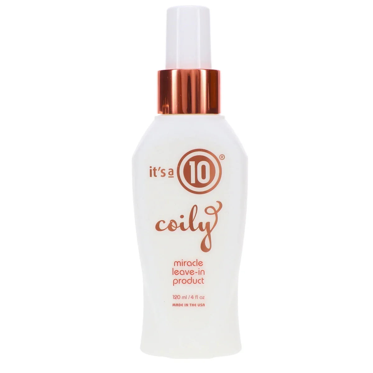Bottle of 'it's a 10' coily miracle leave-in product on a white background