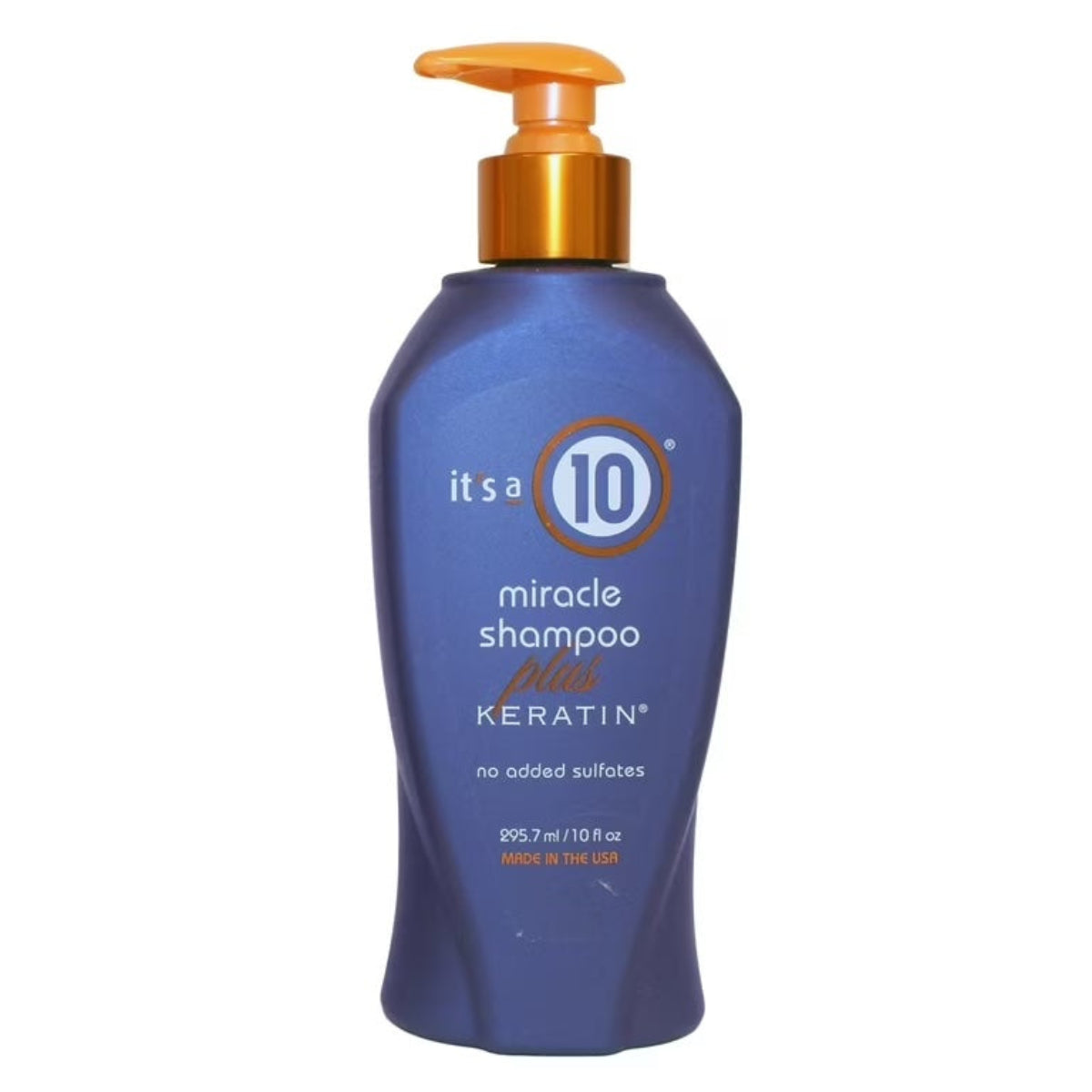 Blue shampoo bottle with pump labeled 'it's a 10' on a white background