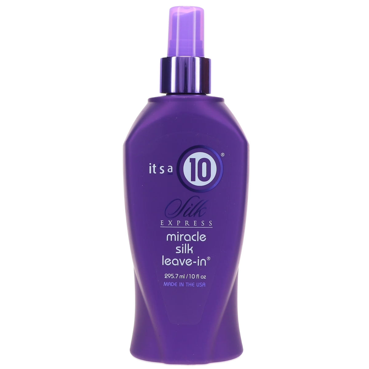 Purple bottle of 'it's a 10' miracle silk leave-in product on a white background