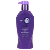 Purple shampoo bottle with pump labeled 'it's a 10' on a white background