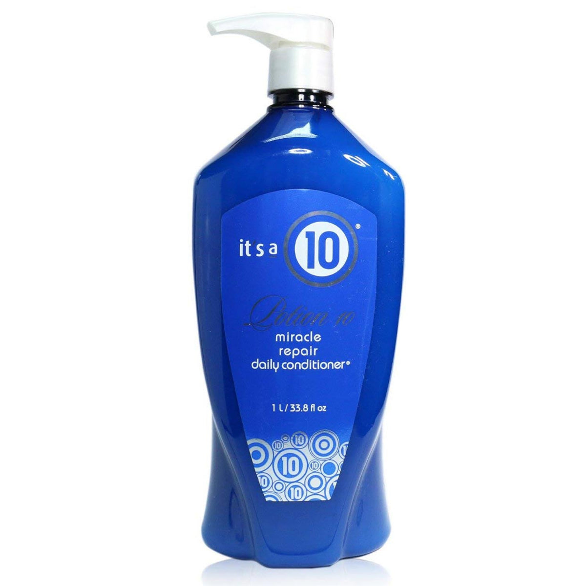 Blue bottle of 'it's a 10' miracle repair daily conditioner on a white background