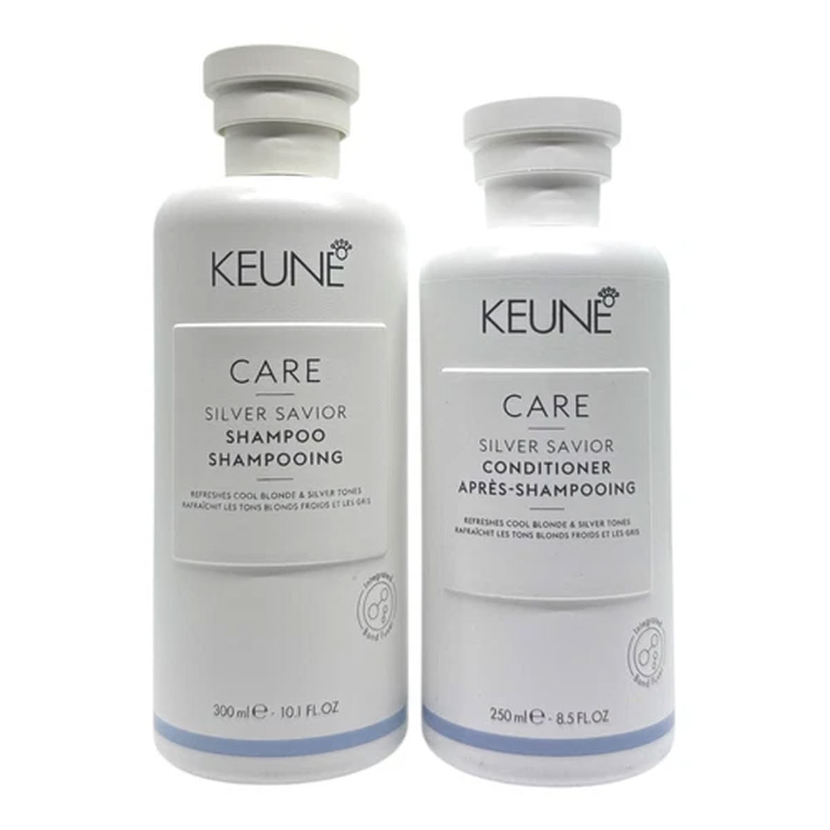 Two bottles of Keune Care Silver Savior Shampoo and Conditioner on a white background