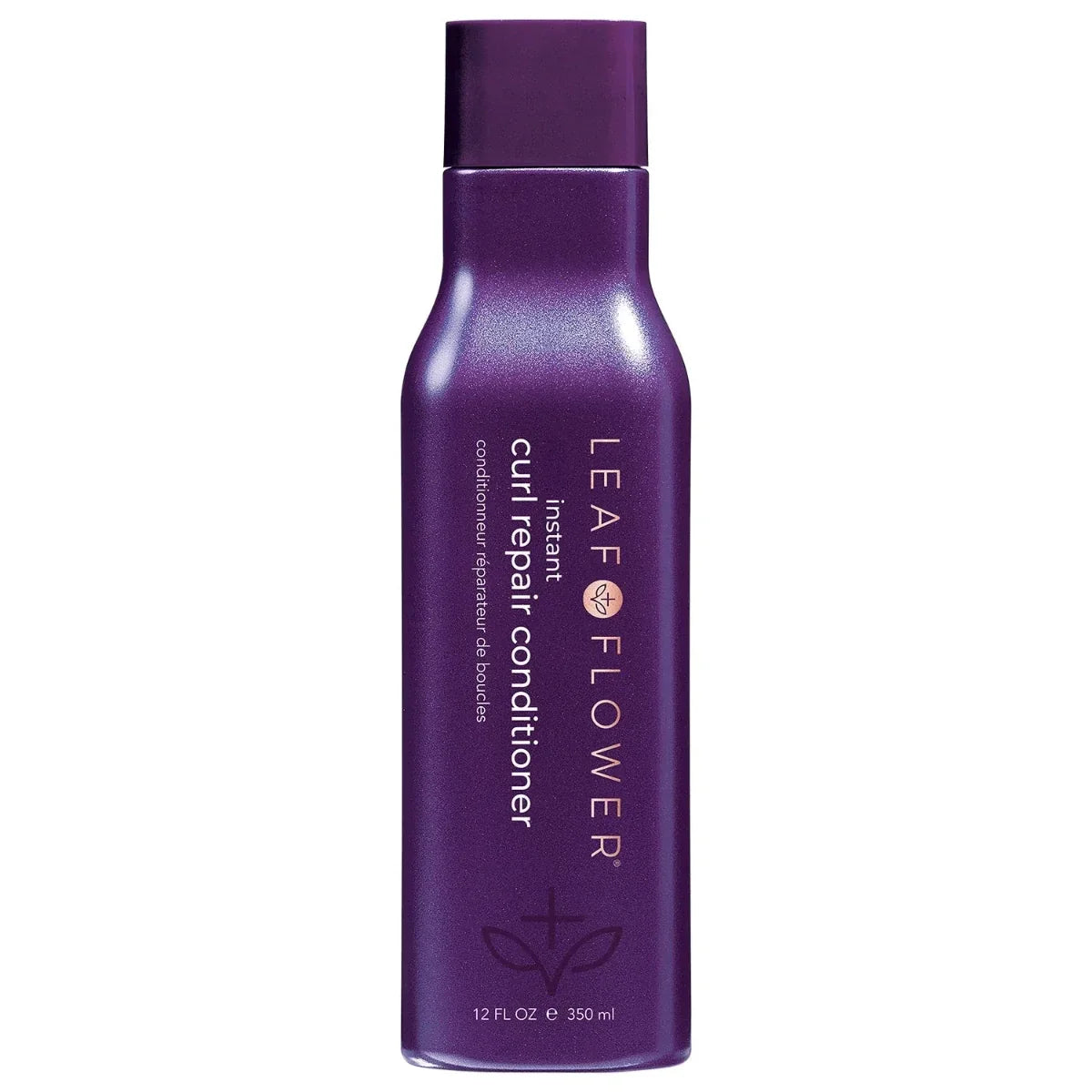 Purple bottle of Leaf & Flower instant curl repair conditioner on a white background