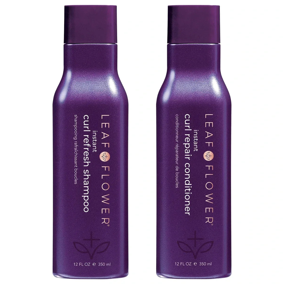 Two purple bottles of Leaf Flower shampoo and conditioner on a white background
