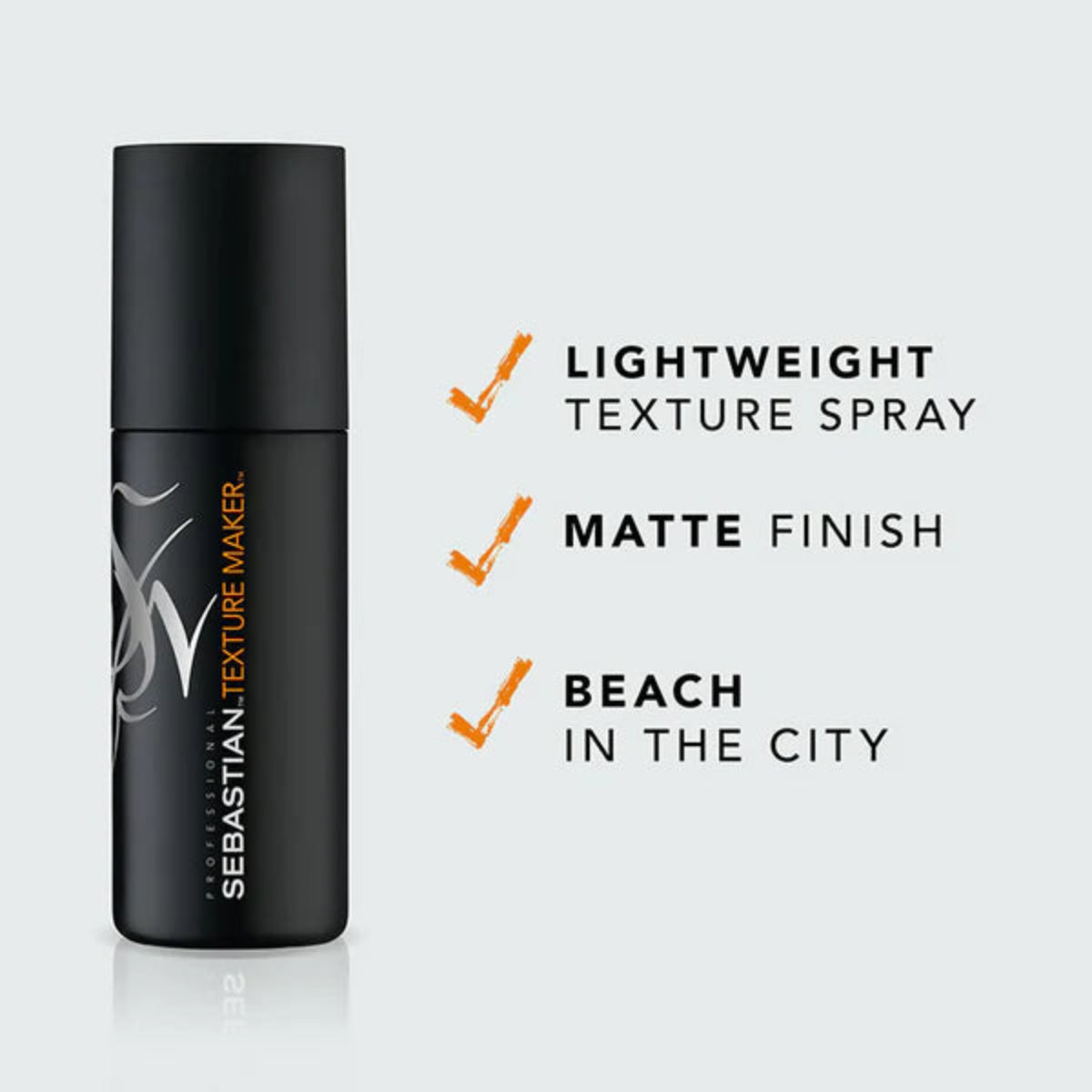 Black bottle of Sebastian Texture Maker spray with features listed on a light gray background