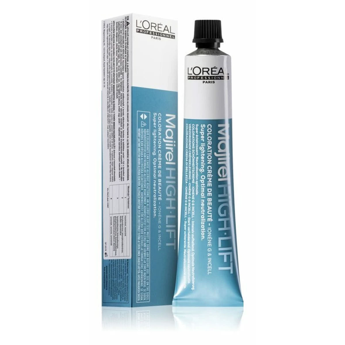 L'Oreal Majirel High Lift hair color tube and packaging on a white background