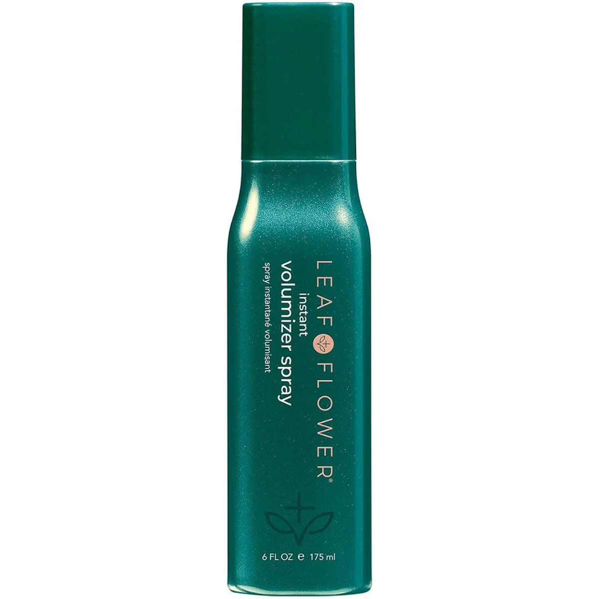 Green volumizer spray bottle with 'Leaf & Flower Instant Volumizer Spray' branding on a white background