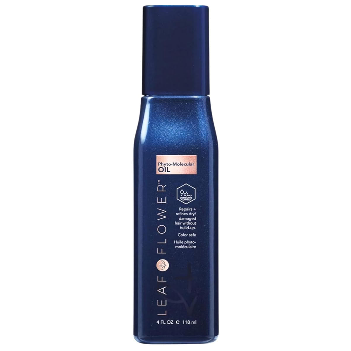 Blue bottle of Leaf & Flower Phyto Molecular Oil product on a white background