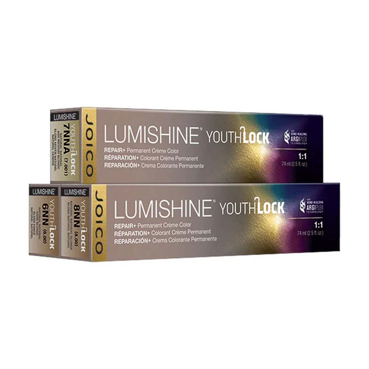 Two boxes of Joico Lumishine Youth Lock hair color on a white background