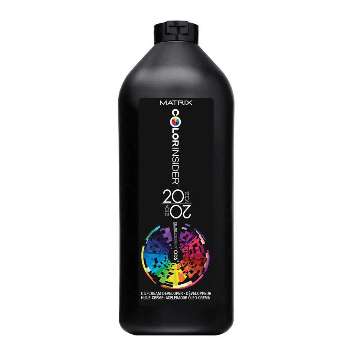 Black bottle of Matrix Color Insider hair color product on a white background