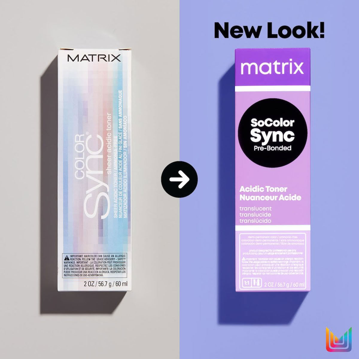 Two packages of Matrix SoColor Sync hair color on a gray and purple background with 'New Look!' text.