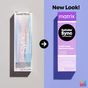Two packages of Matrix SoColor Sync hair color on a gray and purple background with 'New Look!' text.