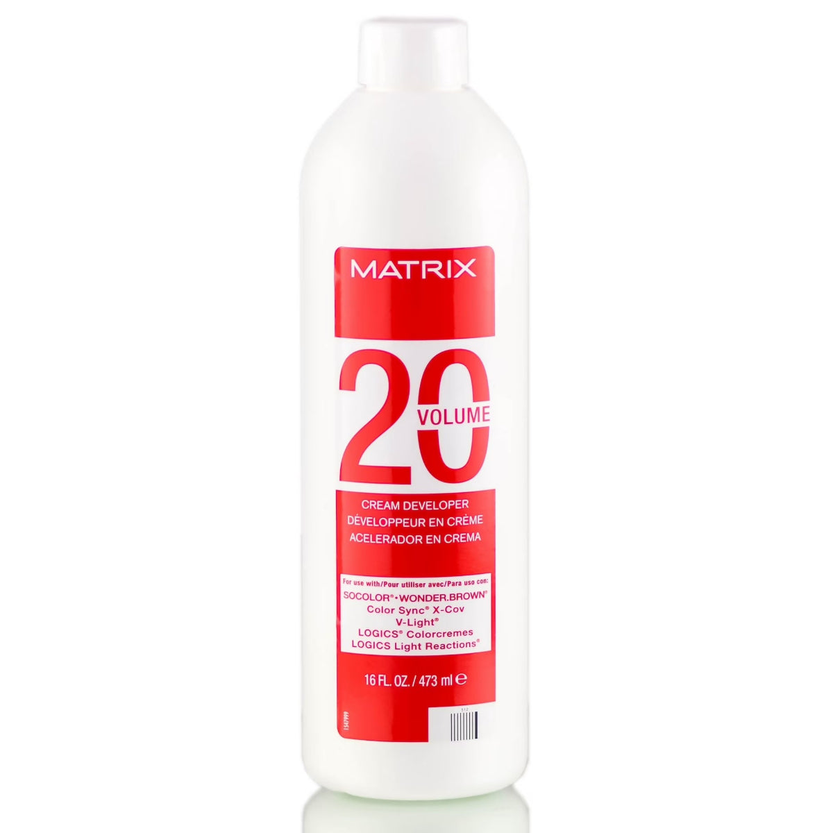 White bottle of Matrix 20 Volume cream developer with red label on a white background