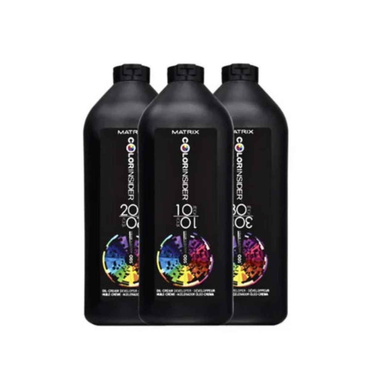 Three bottles of Matrix ColorInsider hair color product on a white background
