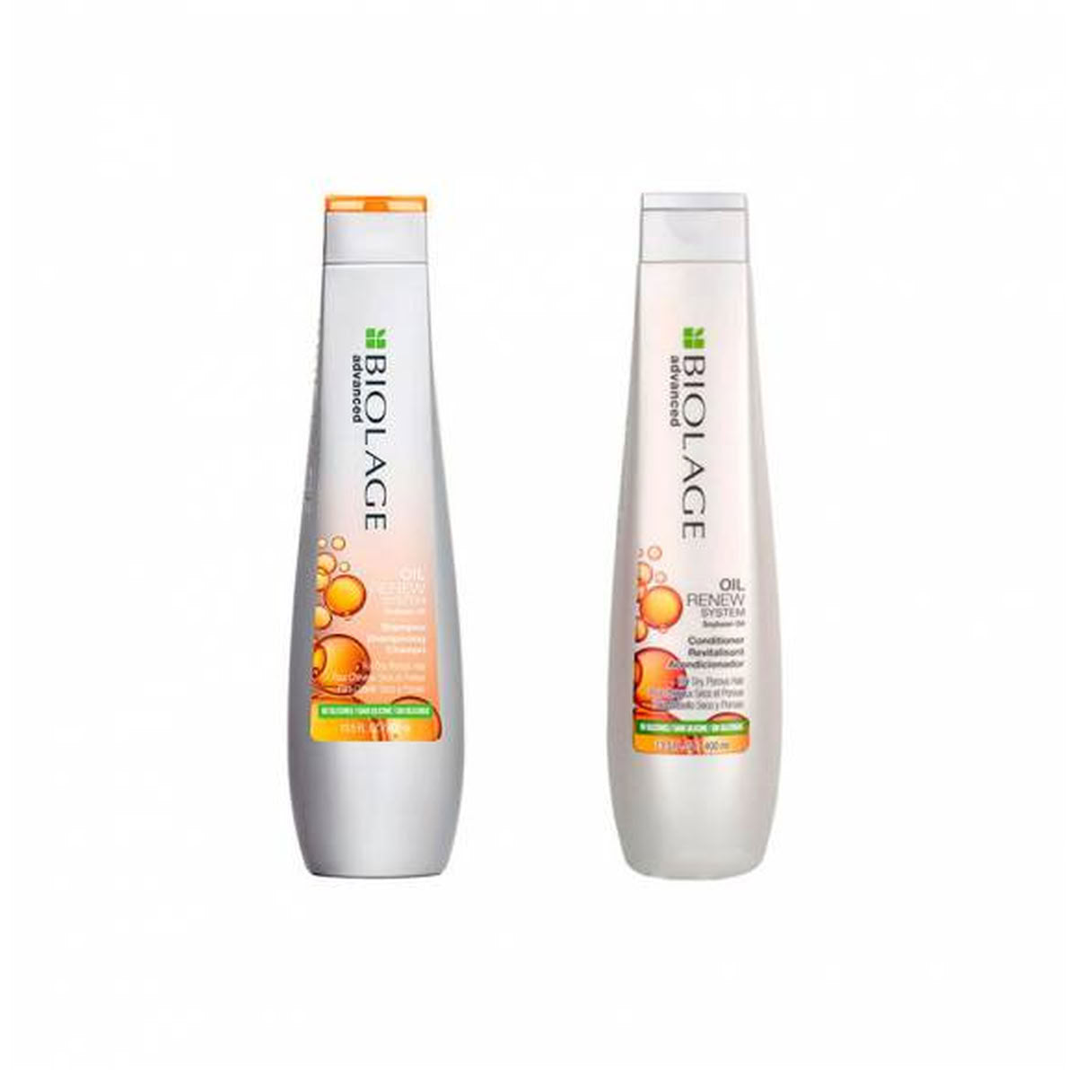 Two Matrix Biolage Advanced OIl Renew Shampoo & Conditioner on a white background
