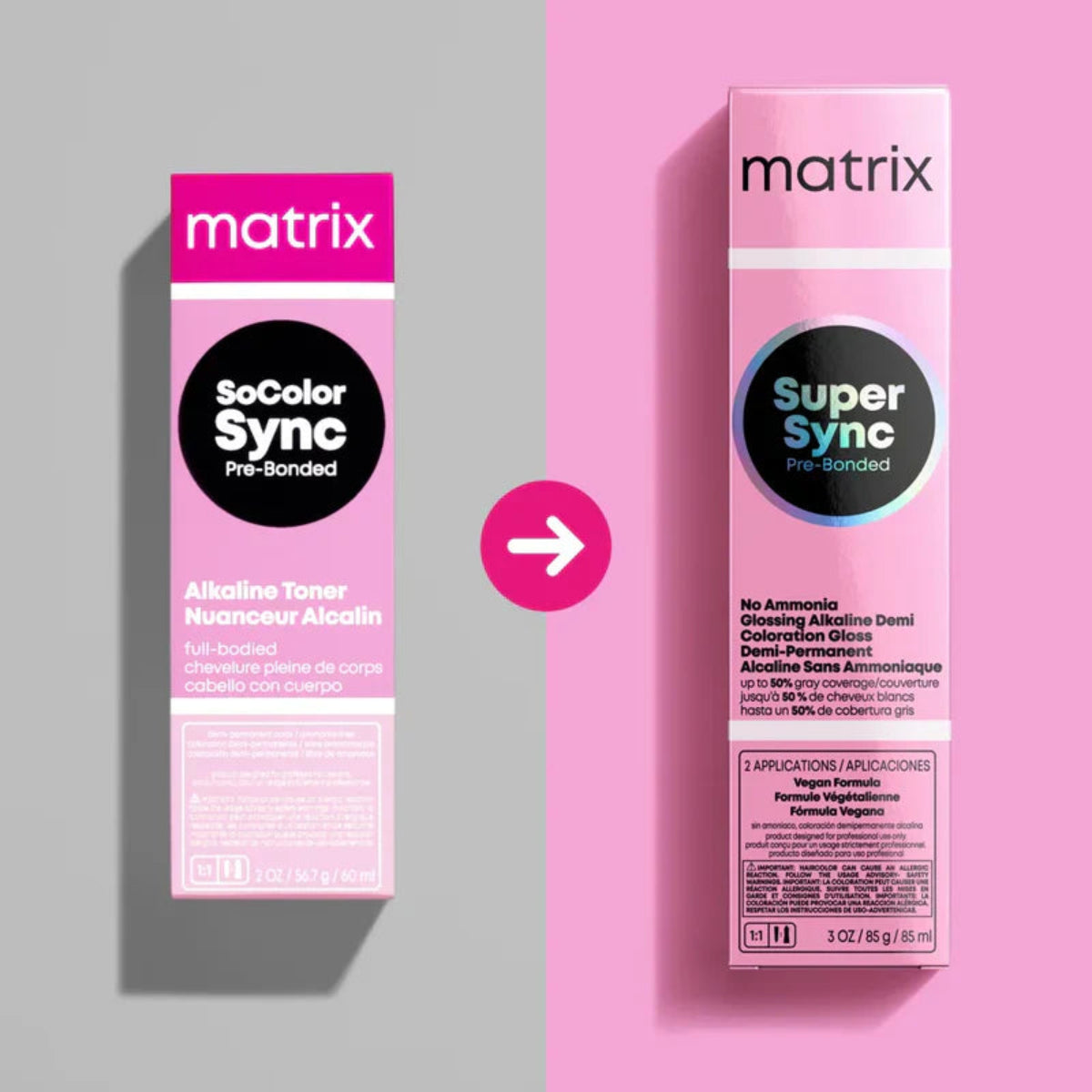 Two Matrix hair care product boxes on a gray and pink background