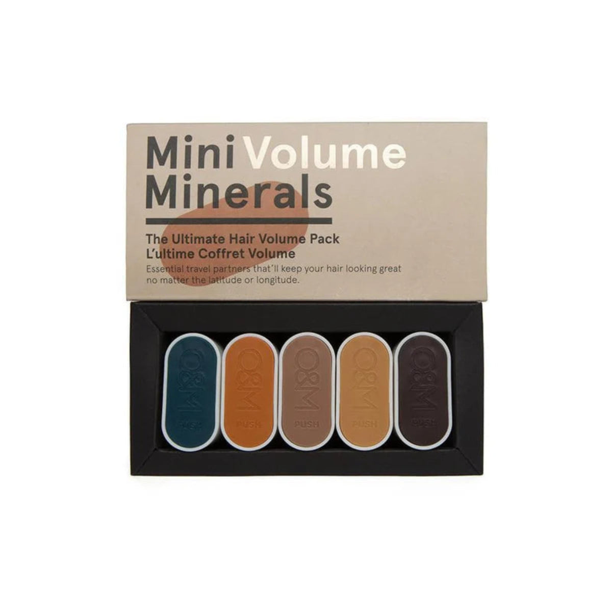 Mini Volume Minerals hair product set with four colors on a beige background