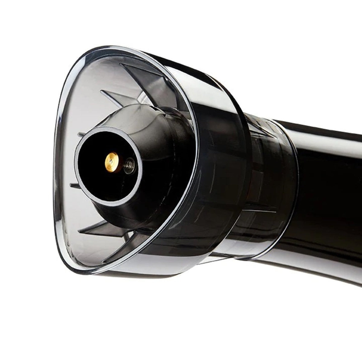 Close-up of a wine bottle stopper with a clear plastic cover on a white background