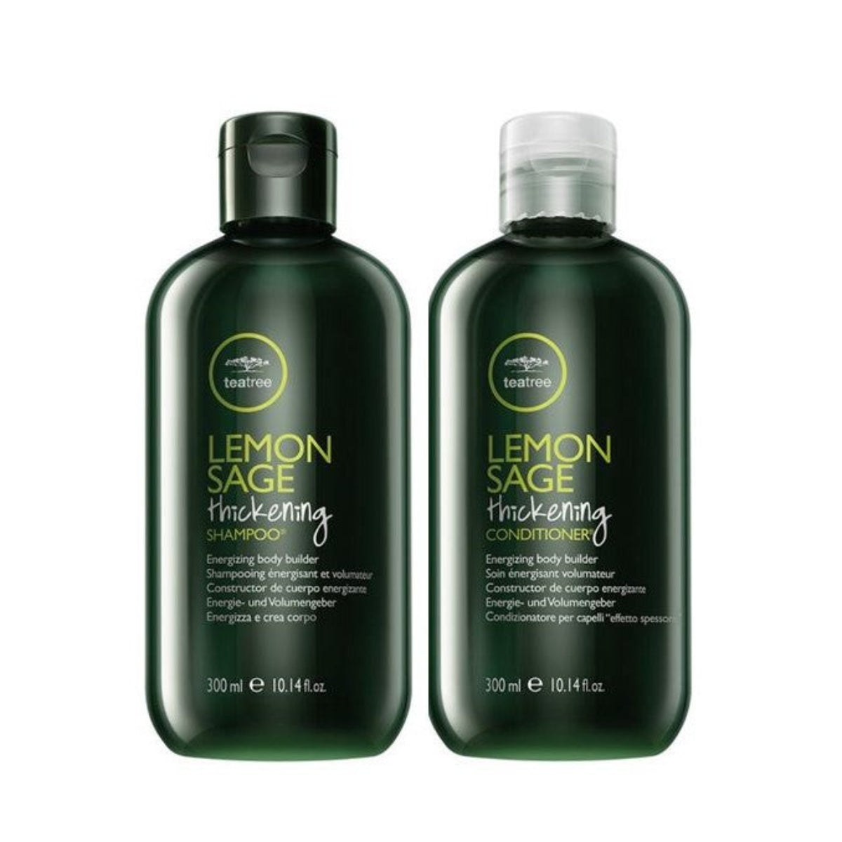 Two bottles of Lemon Sage thickening shampoo and conditioner on a white background