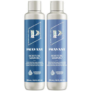 Two Pravana Moisture Marvel shampoo and conditioner bottles on a white background