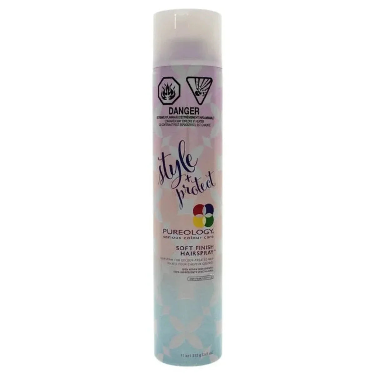 Pureology hairspray bottle on a white background
