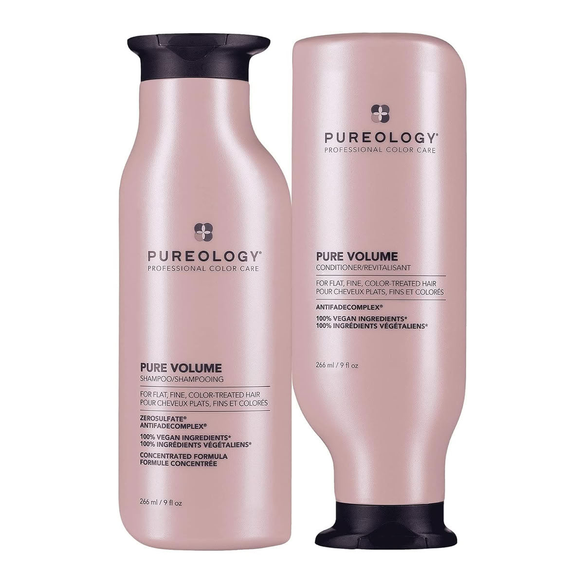 Two Pureology hair care bottles, one shampoo and one conditioner, on a white background.