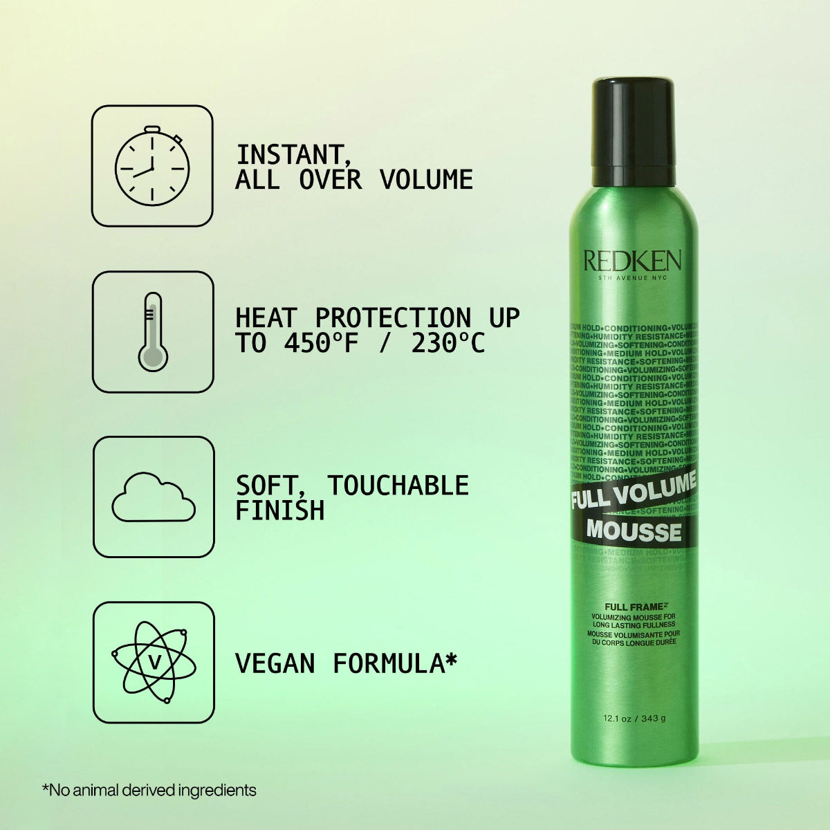 Green bottle of Redken Full Volume Mousse with product features on a light green background