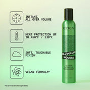 Green bottle of Redken Full Volume Mousse with product features on a light green background