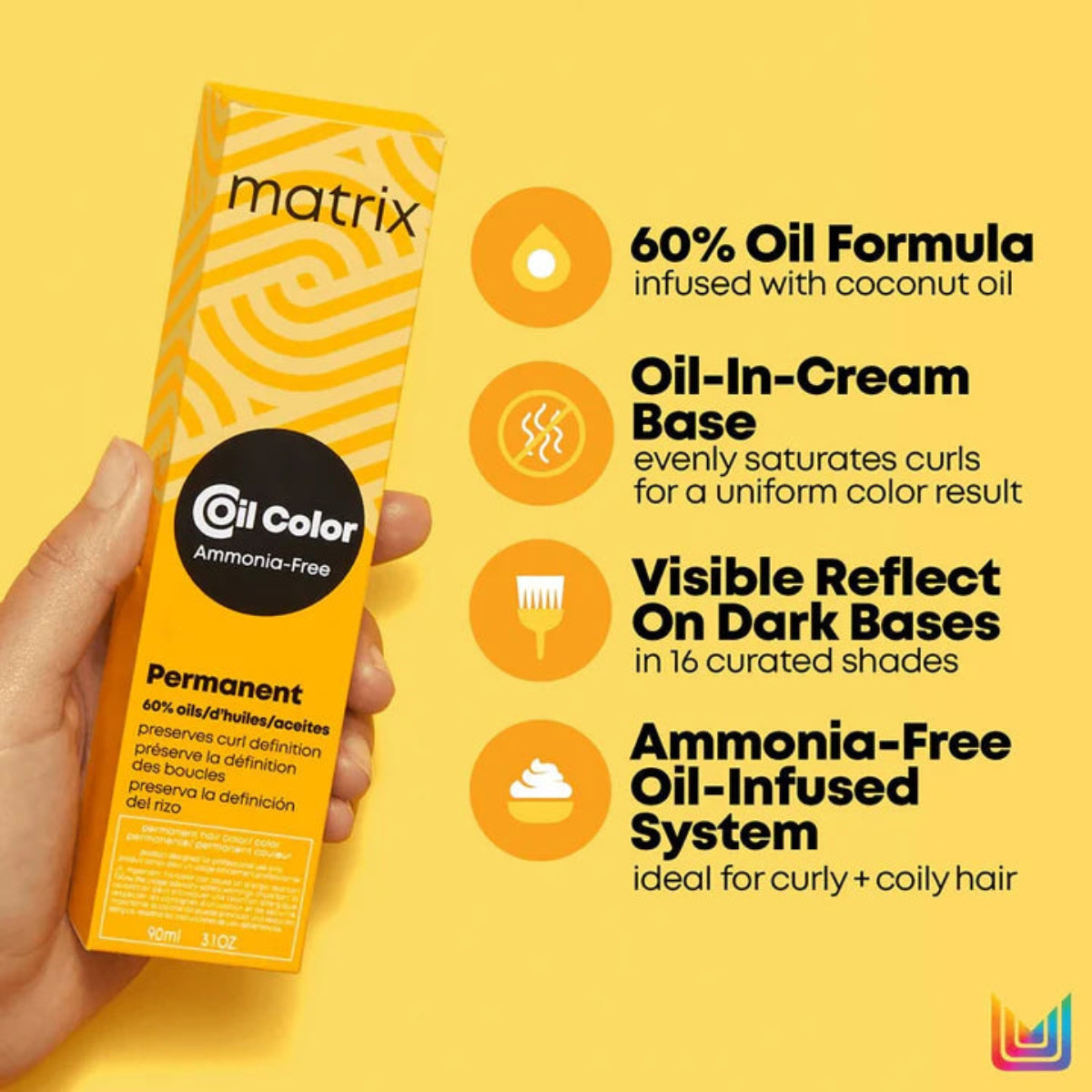 Matrix Collo Color hair product packaging with features on a yellow background