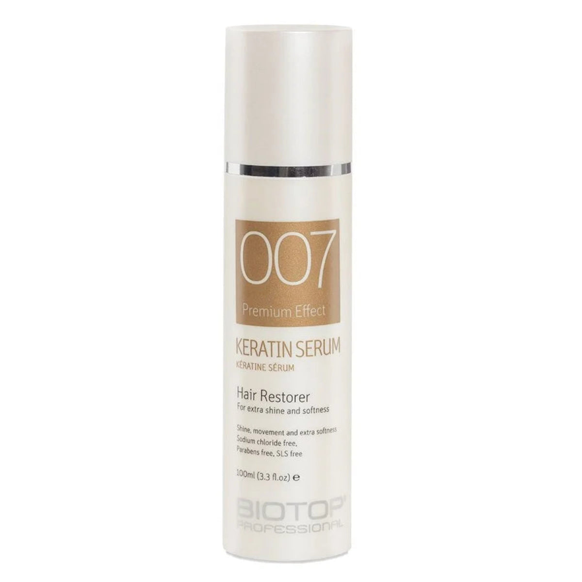 Keratin serum bottle labeled '007' on a white background