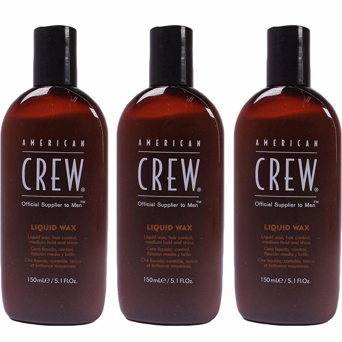 Three bottles of American Crew Liquid Wax Medium Hold and Shine, each bottle is 5.1 oz (150 ml) in size.