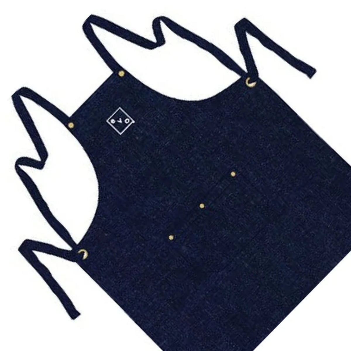 Navy apron with gold accents on a white background