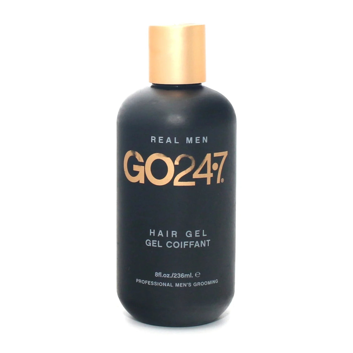 Black hair gel bottle with gold cap and text on a white background