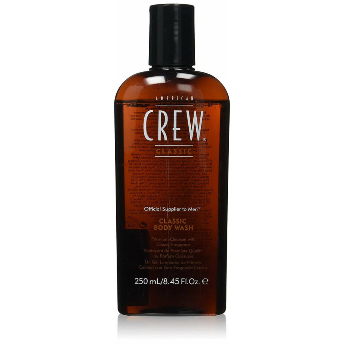 Brown bottle of American Crew Classic Shave Wash on a white background