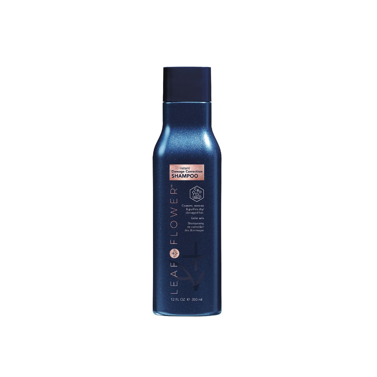 Blue shampoo bottle with 'Leaf & Flower' branding on a white background