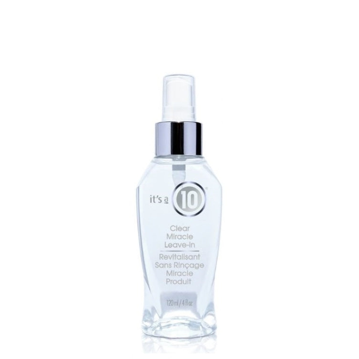 Clear bottle with silver cap on a white background