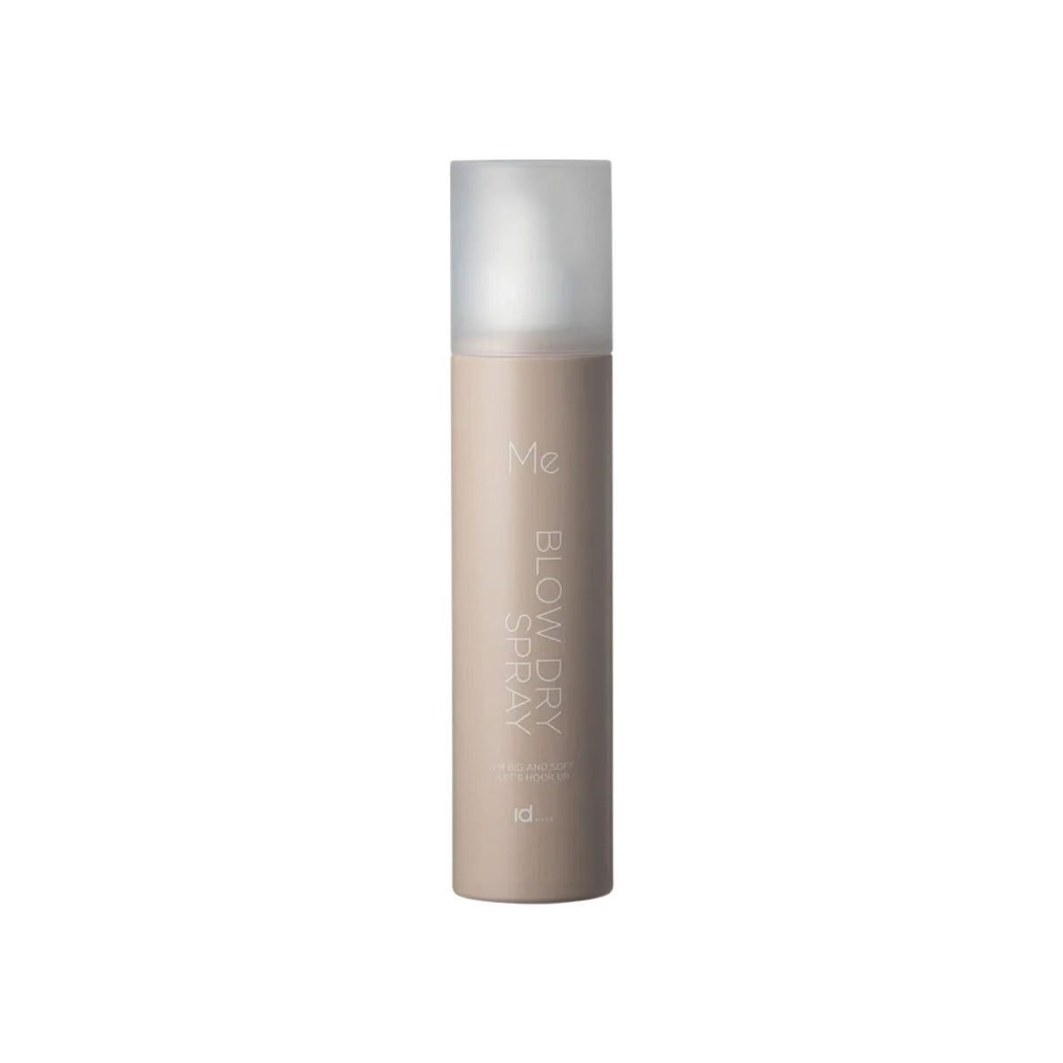 idHAIR Me Blow Dry Spray bottle with silver cap and beige body on a white background
