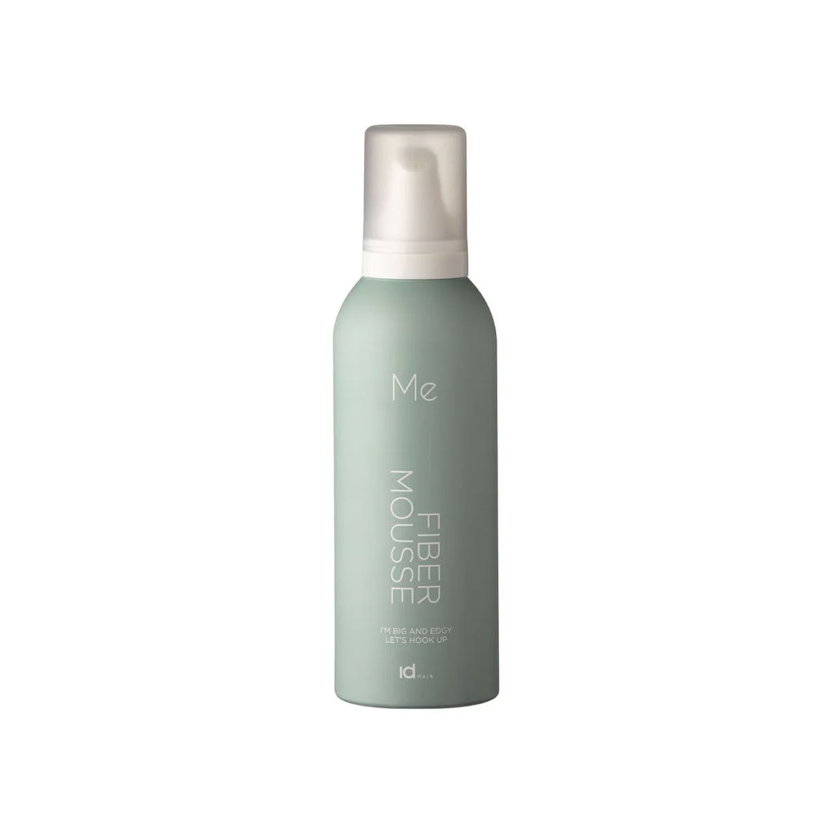 Green bottle of idHAIR Me Fiber Mousse with a white label on a white background