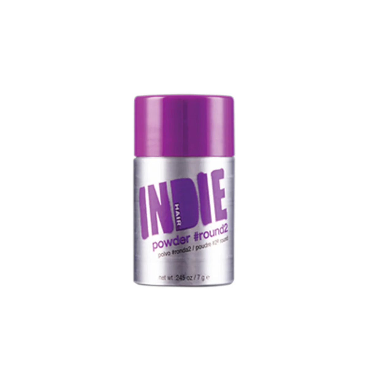 Silver canister with purple lid labeled 'INDIE' on a white background
