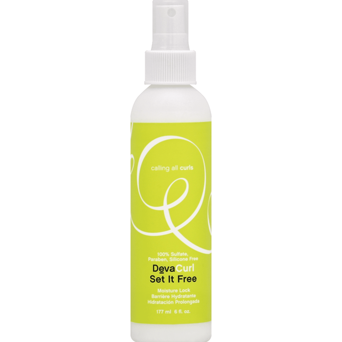 Devacurl hair product bottle with green label on a white background