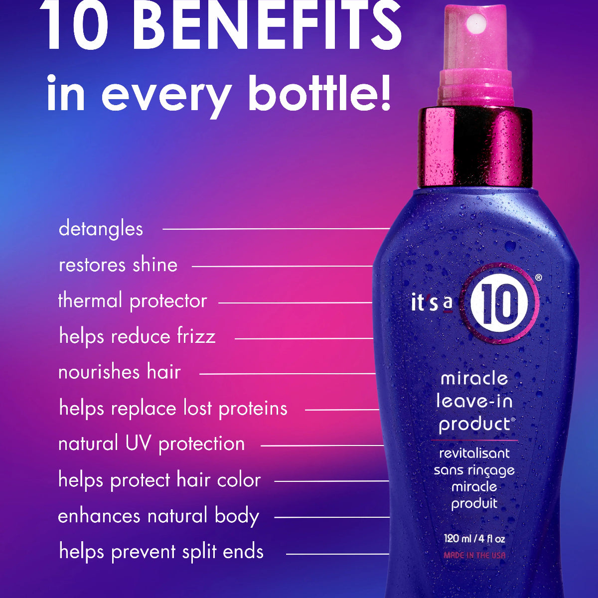It's a 10 hair product bottle with list of benefits on a purple gradient background