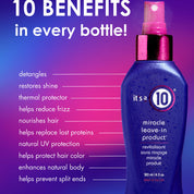 It's a 10 hair product bottle with list of benefits on a purple gradient background