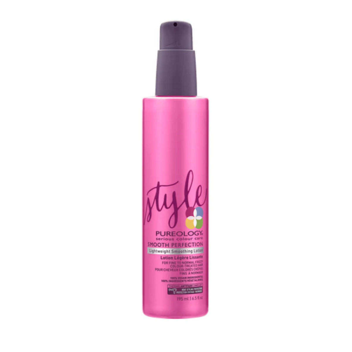 Pink bottle of Pureology hair product on a white background