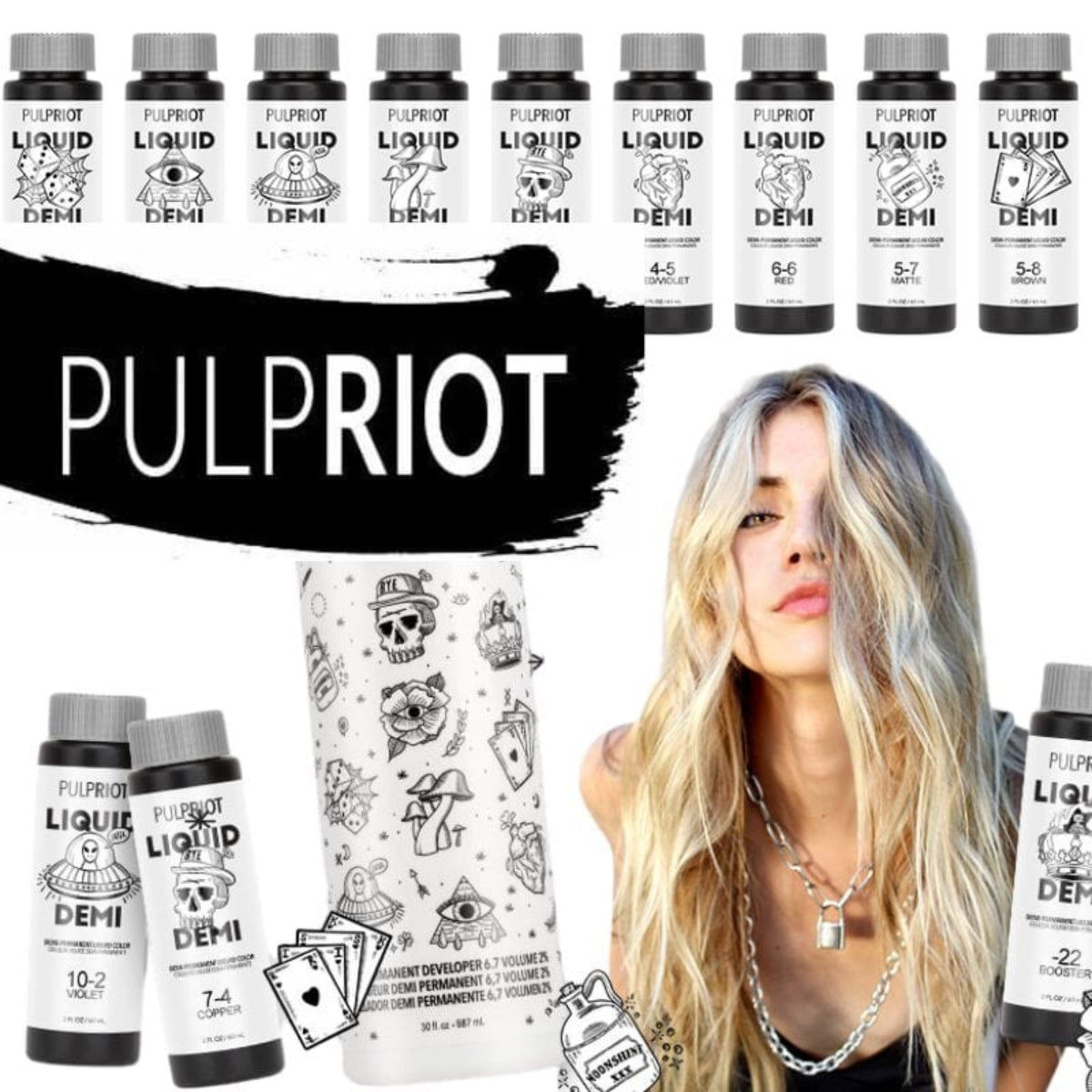 Pulpriot hair color bottles with a model featuring their products.
